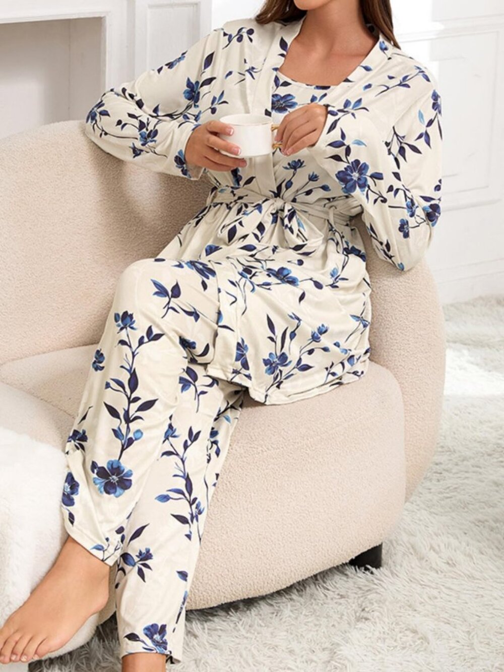 Women's 3-Piece Floral Pajama Set with Robe and Wide Leg Sleepwear Pants - Picture 2 of 5